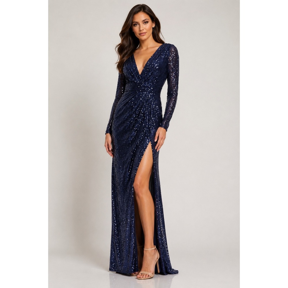 Mac Duggal Navy Sequin Long Sleeve V-Neck Formal Maxi Dress NWOT Size 10